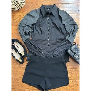 Roccobarocco Italy Womens Shirt Size 10 Cutout Sleeve Crystal Button Top Black